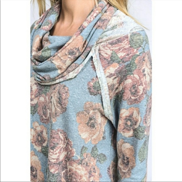 Blue Floral Long Sleeve Turtleneck Tee - Picture 13 of 13